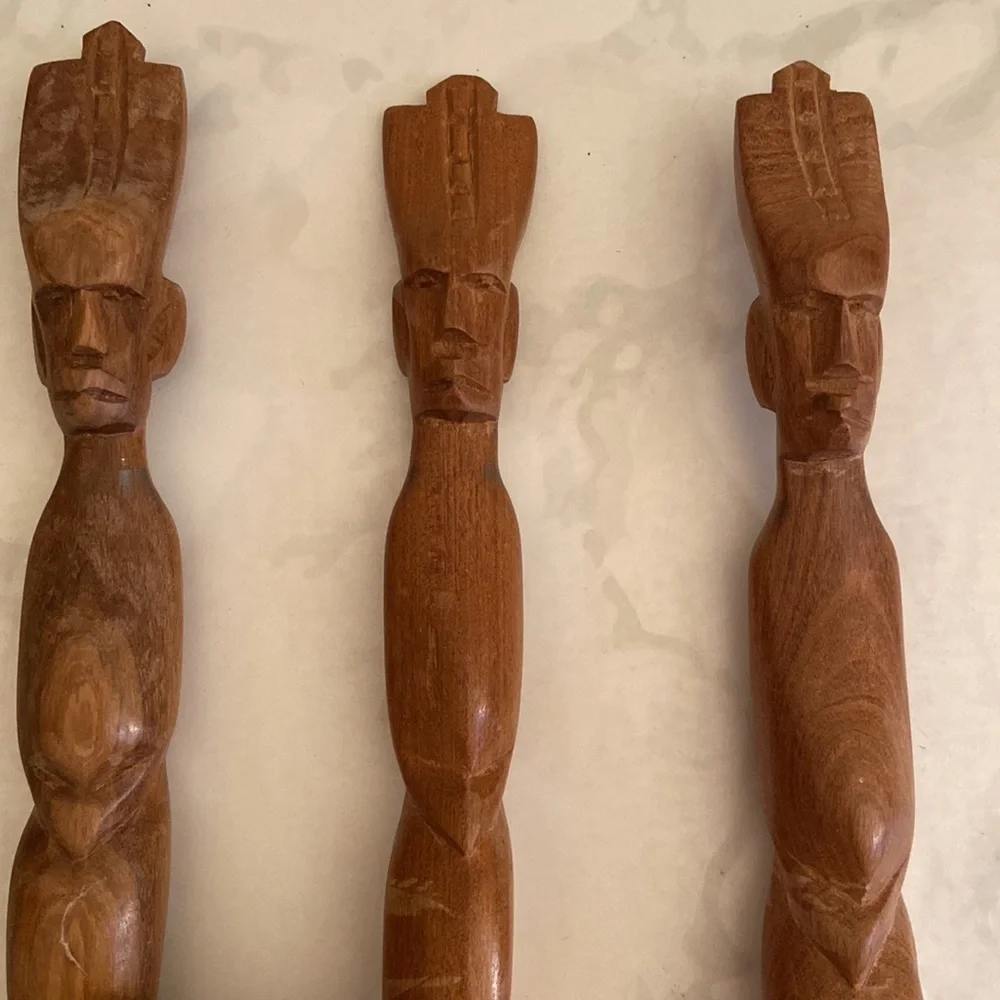 Vintage Wooden Hand Carved Utensils 80's Tribal Decor Kitchen Collectible Wood